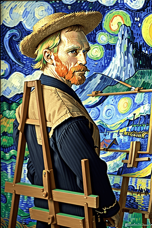 AI generated: Side view Portrait of van Gogh standing in front of easel and painting in Gauguin style, Tahiti vill...