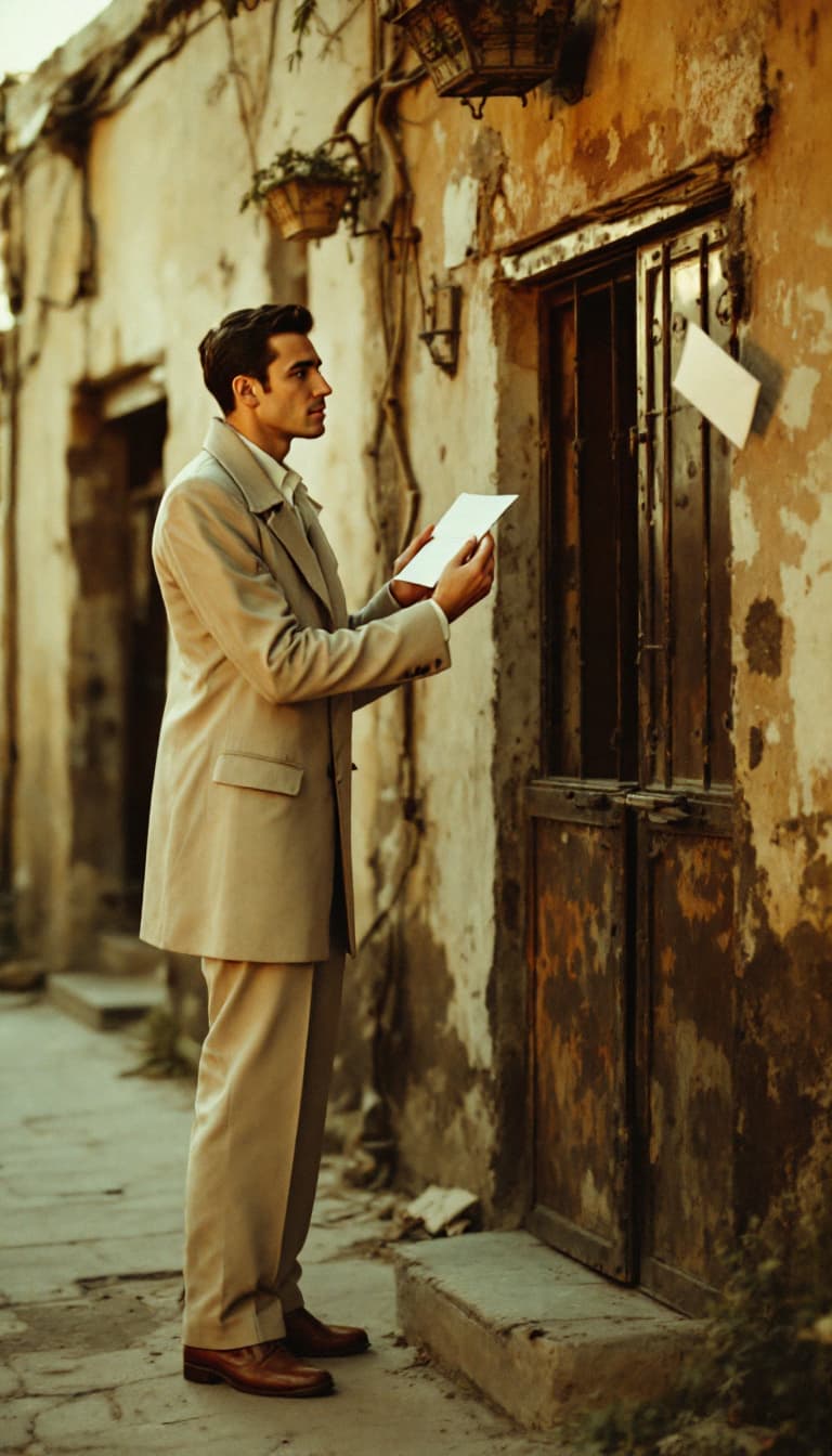 AI generated: A young man from the 1950s standing at the door of an old Iranian house with a metal door typical of...