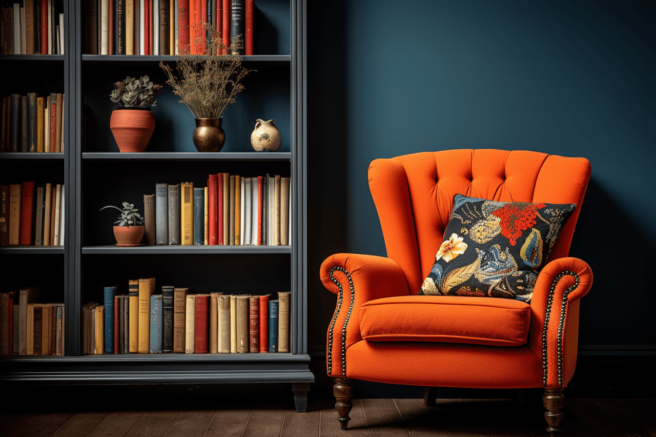 AI generated: Realistic photo of armchair and bookshelf, Top notch, Triadic colors, Bold strokes, Porcelain, --ar ...
