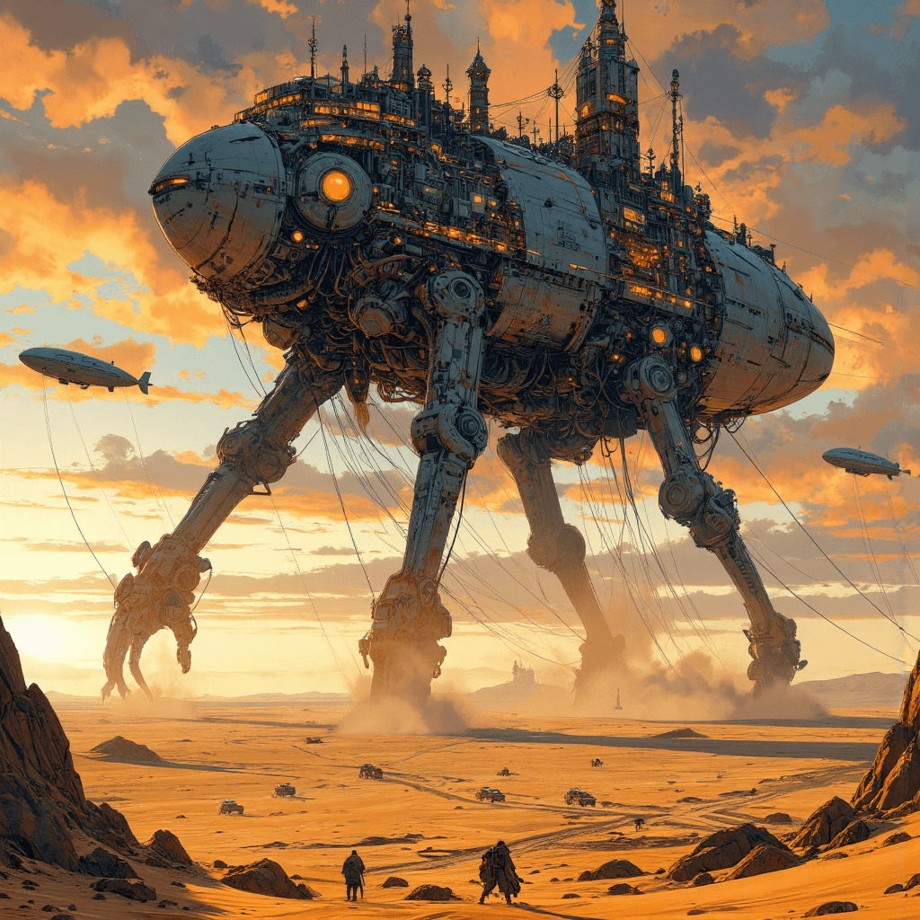 AI generated: Set against an endless expanse of desert, the colossal automaton strides across the horizon, its imm...