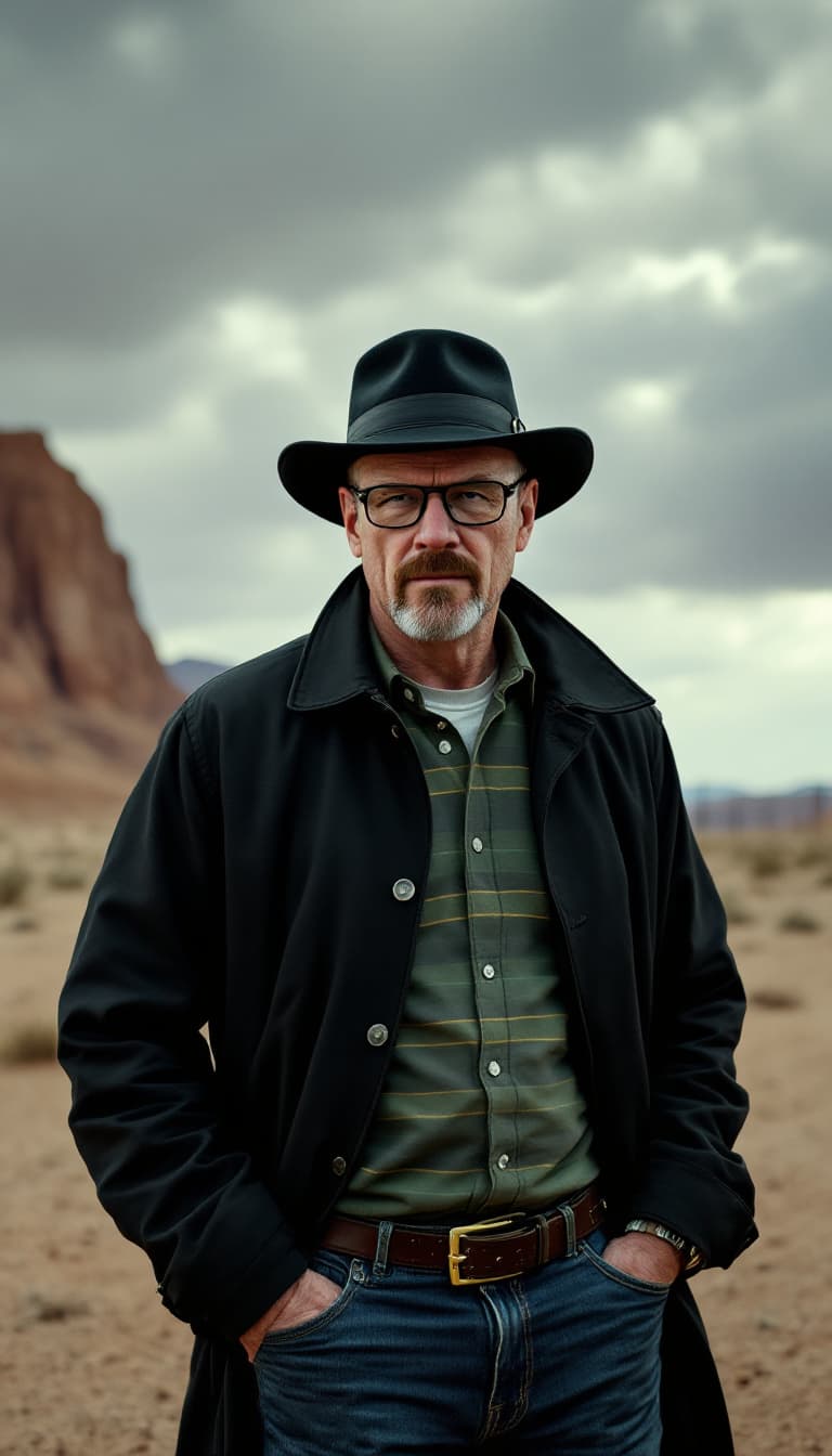 AI generated: A hyper-realistic image of Walter White, dressed in a black jacket, green striped shirt, and glasses...