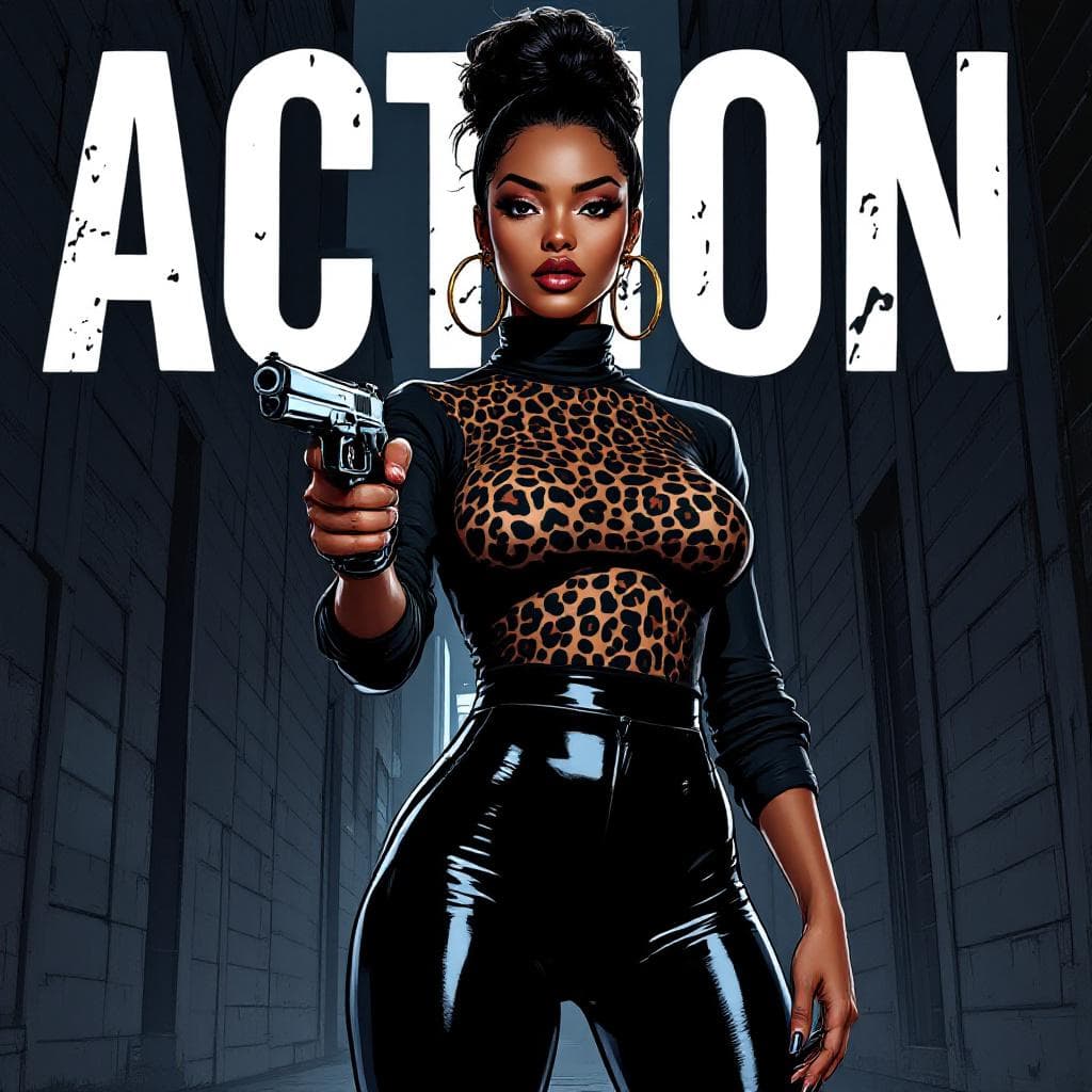 AI generated: Cartoon illustration, comic book cover featuring a gorgeous Afro-American woman, high bun dark hair,...