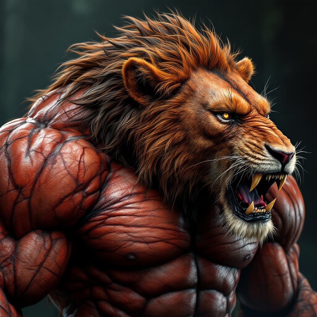 AI generated: Full of strength and muscle lion-headed human body, Legends never die, 5D dimensional, full body por...