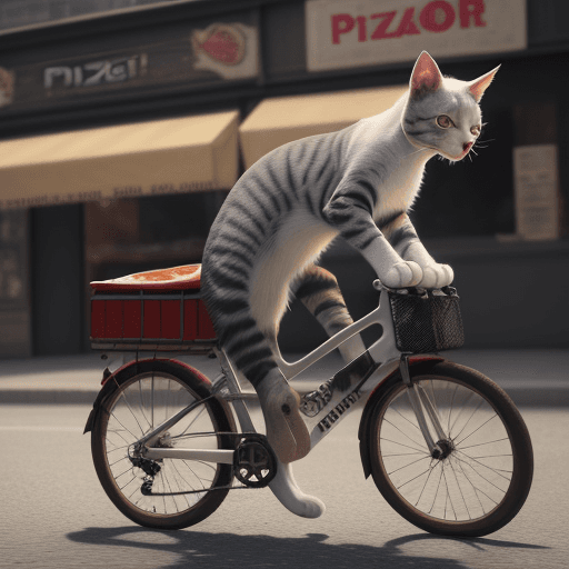 AI generated: A cat riding a bicycle with a pizza in hand,Realistic, 4k,hyperdetailed,octane render