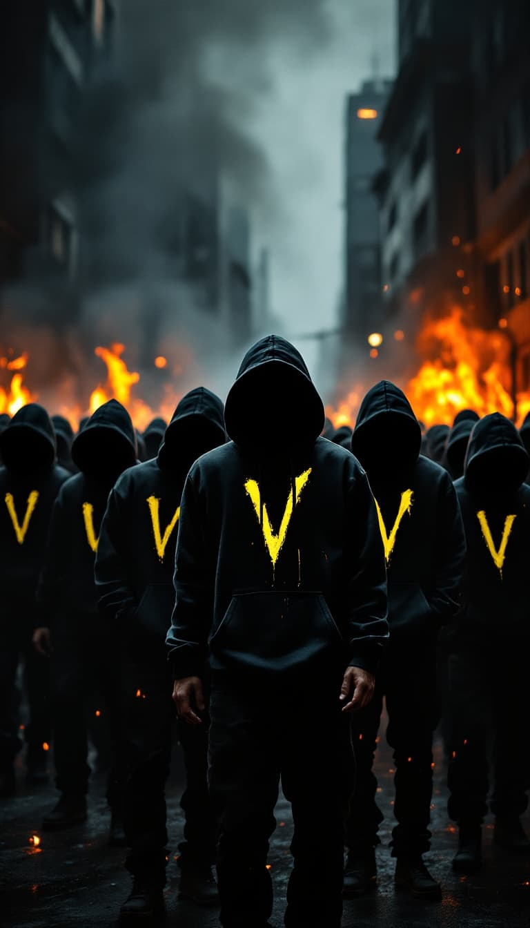 AI generated: "Generate an image of a group of individuals wearing black hoodies, standing together as a mob in a ...