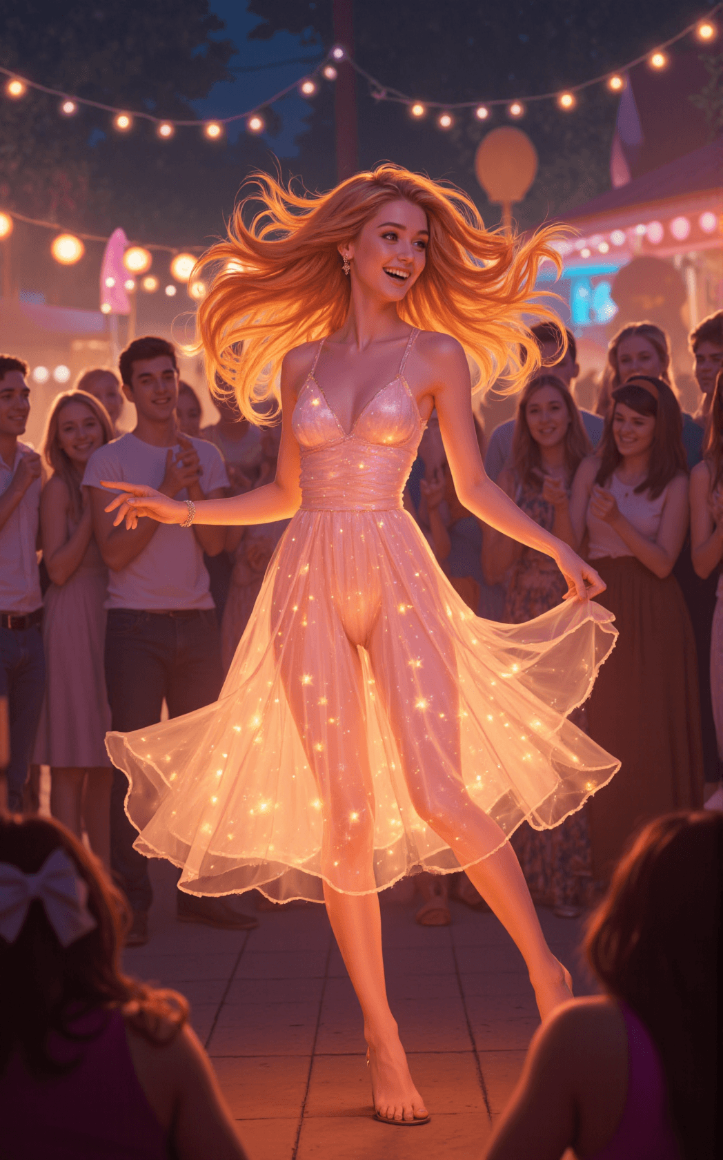 AI generated: A tall college coed spins joyfully at a lively campus party, her long blonde hair swept into loose, ...