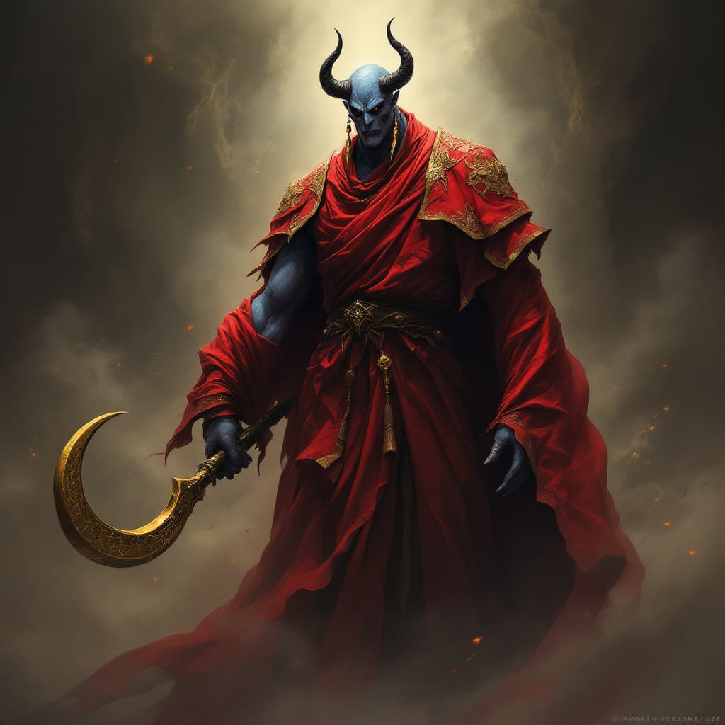 AI generated: A tall villain dressed in a ceremonial red robe, resembling a monk's attire, with intricate details ...
