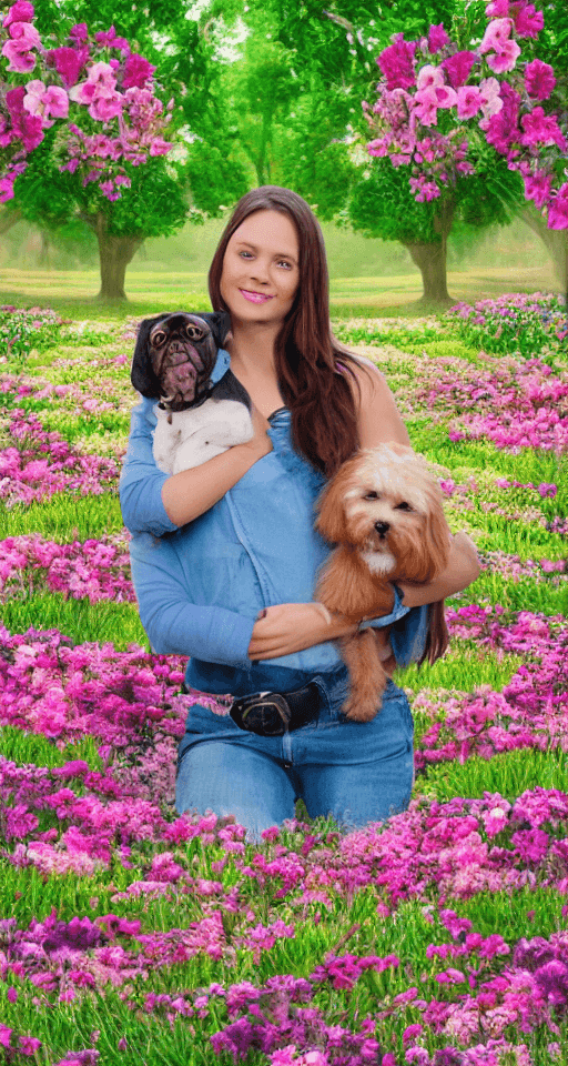 AI generated: American woman holding a dog in a flowery park, green field with flowers around, detailed, realistic...