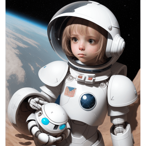 AI generated: a girl with white armor rescuing her small robot friend in the space



