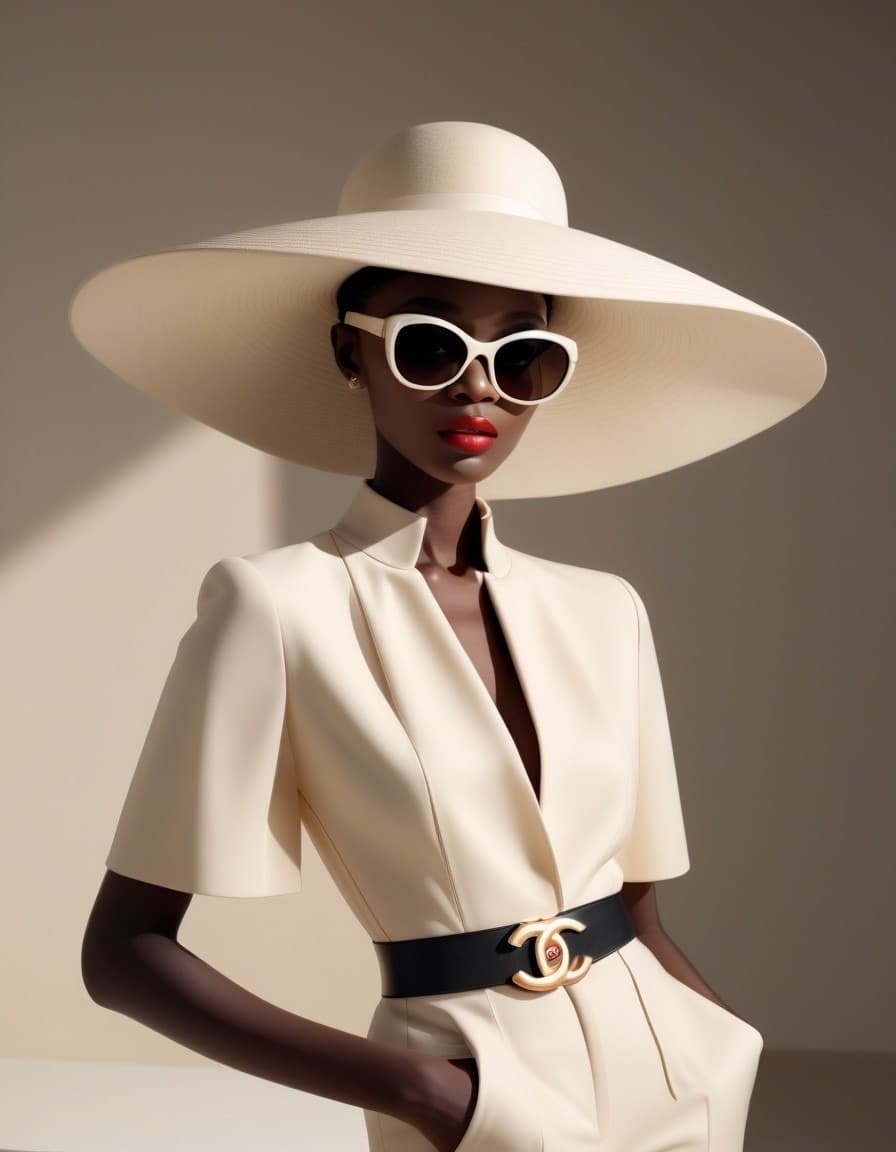 AI generated: Fashion design work feauturing a (Chanel) female (Nigerian) model wearing minimalist women’s clothin...
