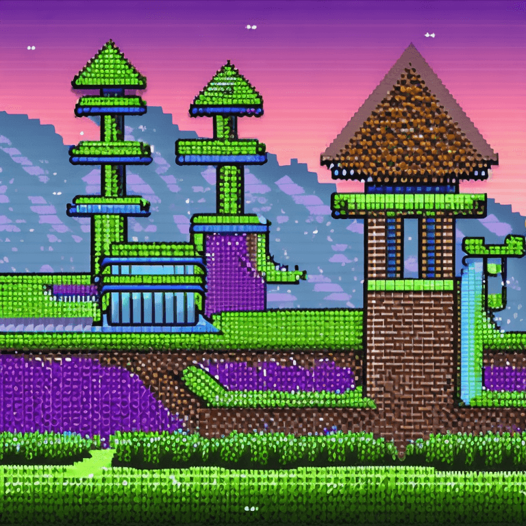 AI generated: Pixel art style, scrolling action game of a pixel castle in background with a grassy path going acro...