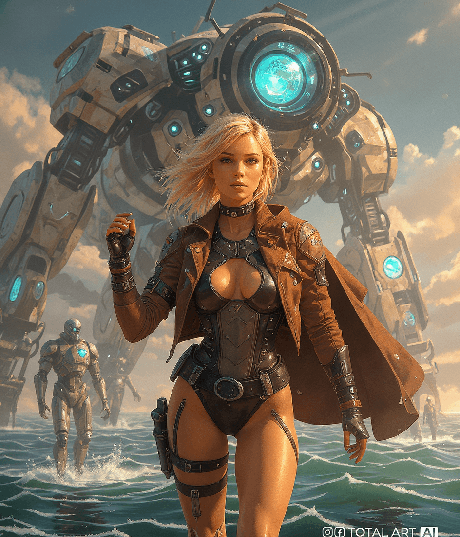 AI generated: Syd Mead style futuristic cyber dieselpunk hovercraft, beautiful European young long hair blonde wom...