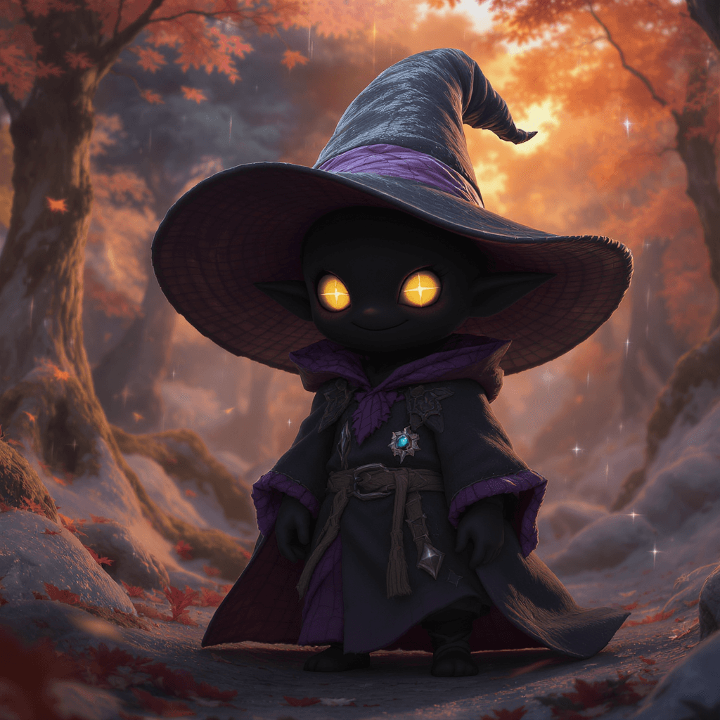 AI generated: cinematic concept art of a small, adorable black mage in the style of Final Fantasy IX, wearing a ve...