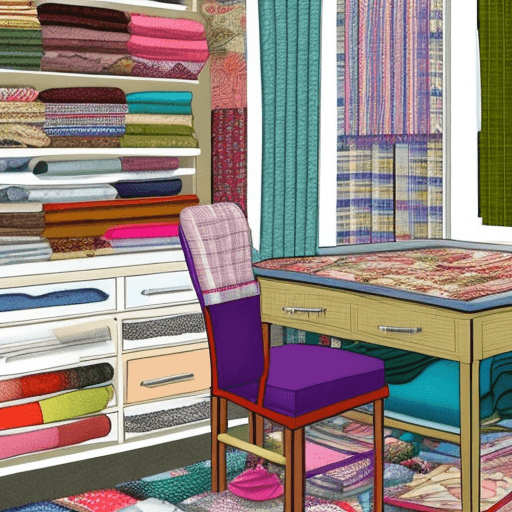 AI generated: The image features a beautifully organized sewing room. Towards the left side, there's a neatly arra...
