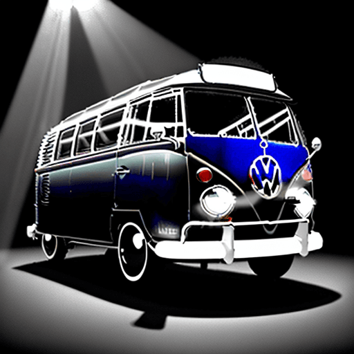 AI generated: Create an image of a vintage VW Bus dramatically illuminated by a shaft of light, casting shadows an...