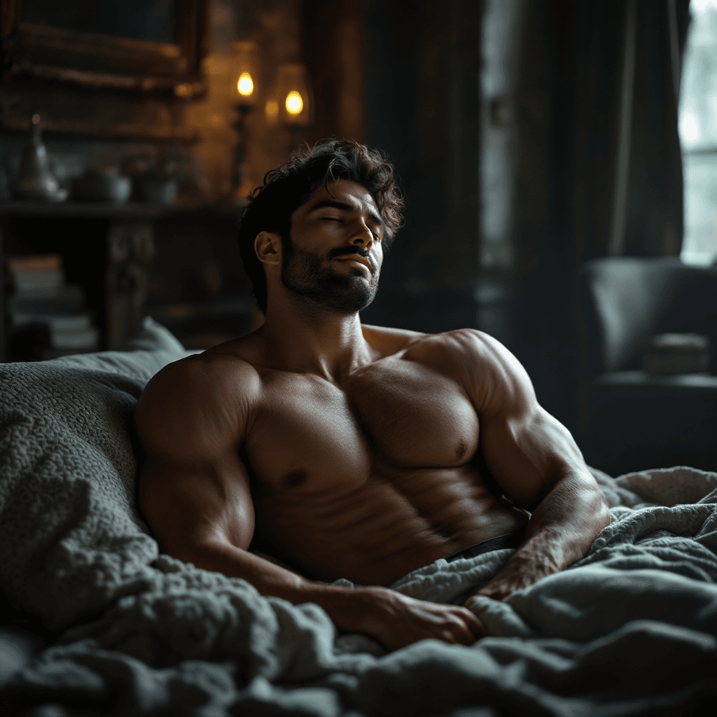 AI generated: High resolution photography portrait clean muscular man, dark hair handsome boyfriend happy, sleep p...