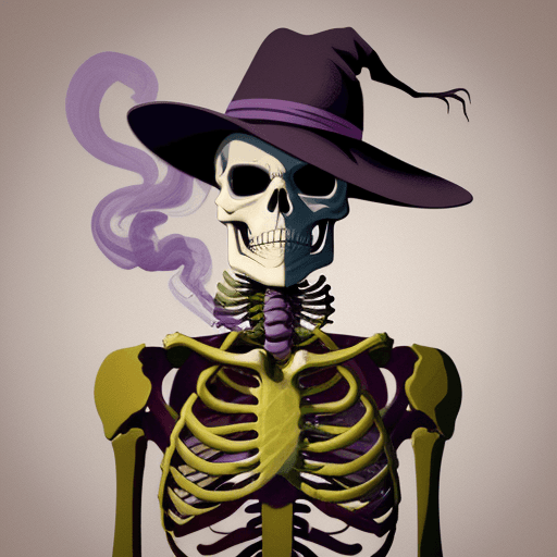 AI generated: A smoking skeleton, Digital illustration, Modern era, Mixed colors with prominent use of purples, pi...