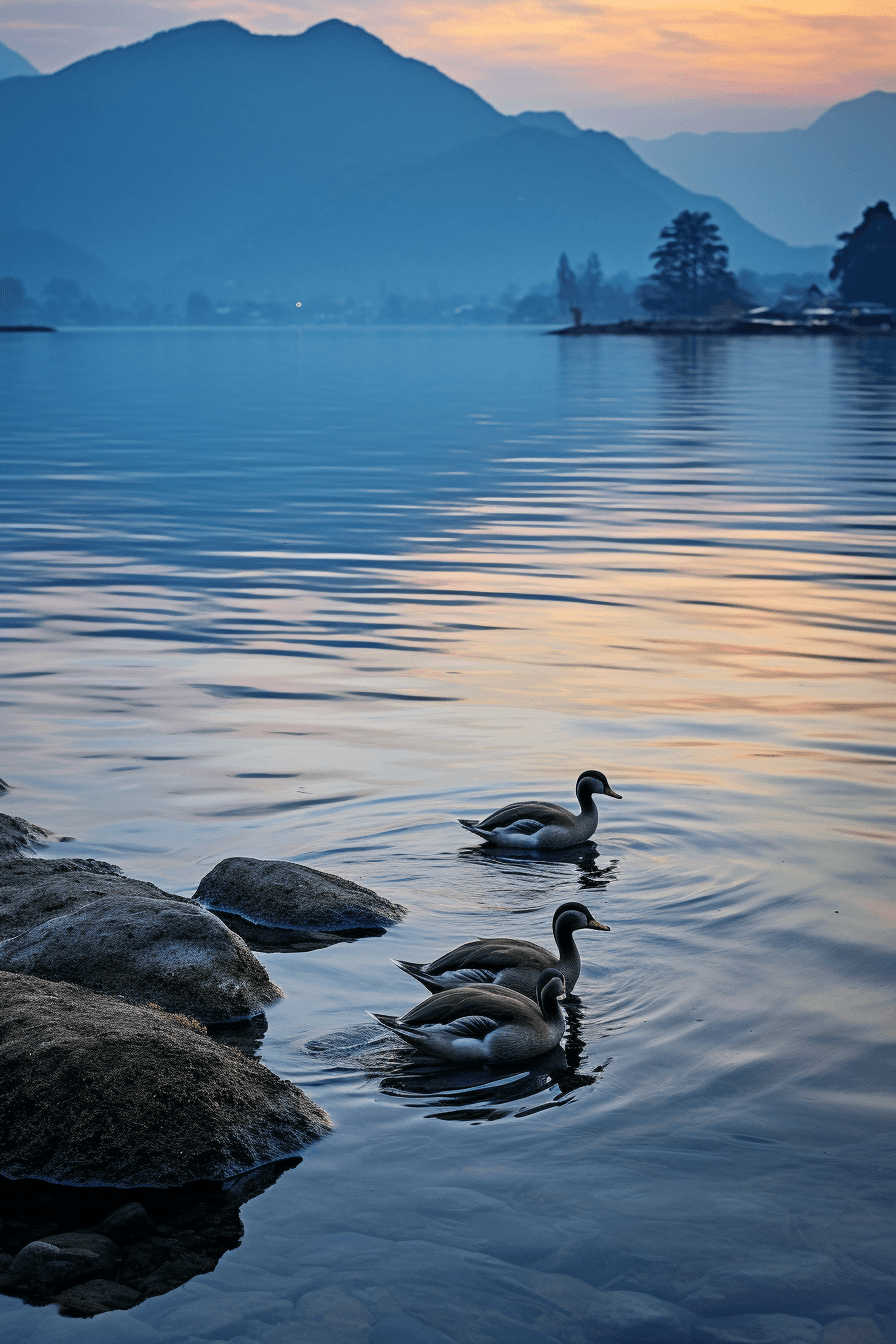 AI generated: A tranquil lake at dusk, the reflection of the mountains, with ducks gliding and ripples spreading a...