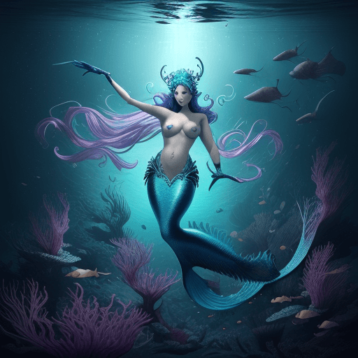 AI generated: Epic wide angle view, stunning dangerous Siren mermaid with very long Betta splendens intricate tail...