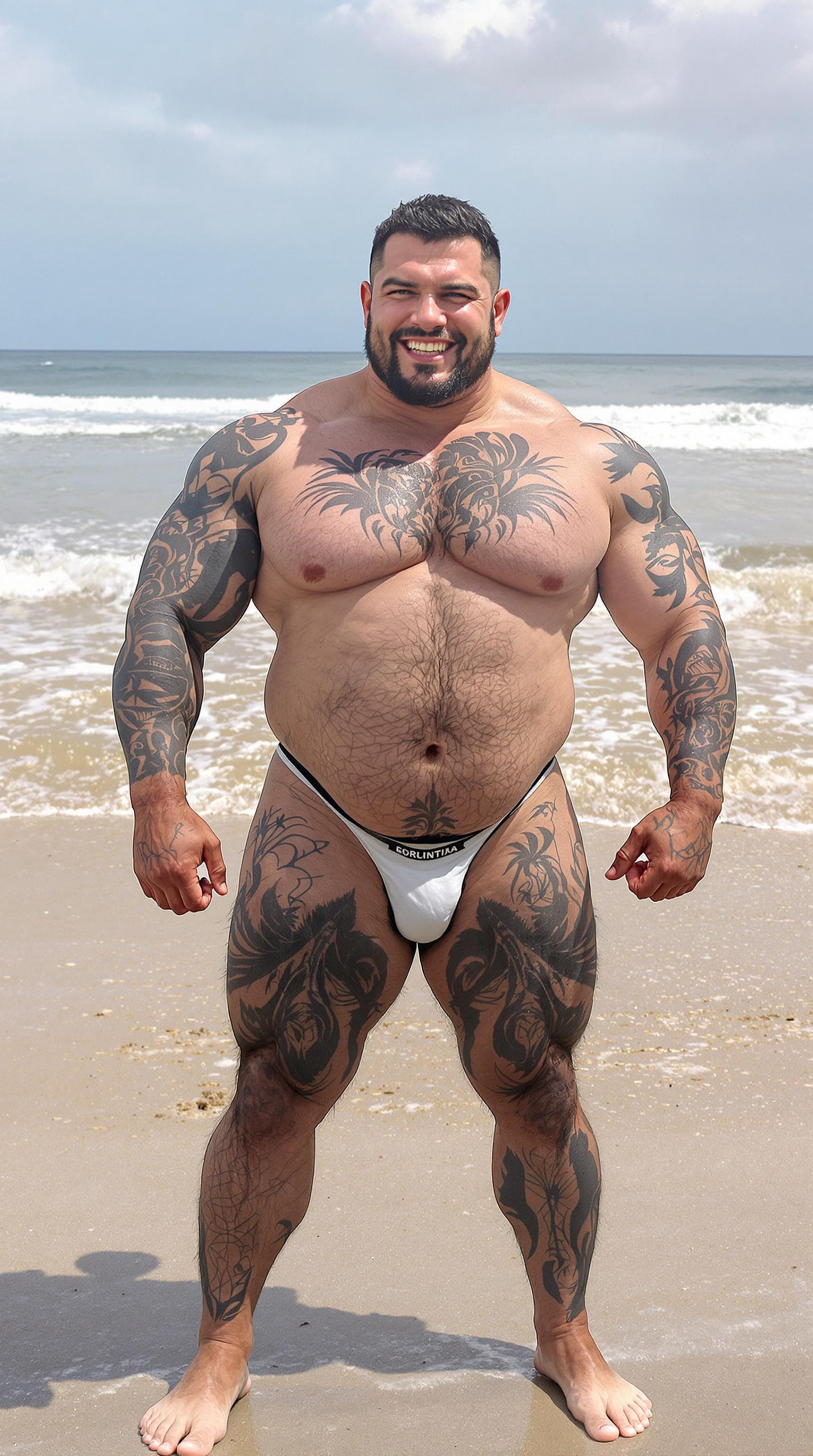 AI generated: Full body image, handsome Italian heavyweight muscular bodybuilder in his 40s, lots of tattoos, shor...
