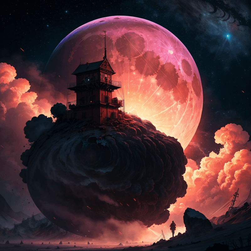 AI generated: trending on artstation, 8k, beautiful, extreme detail, colorful, vibrant, a giant moon tearing apart...