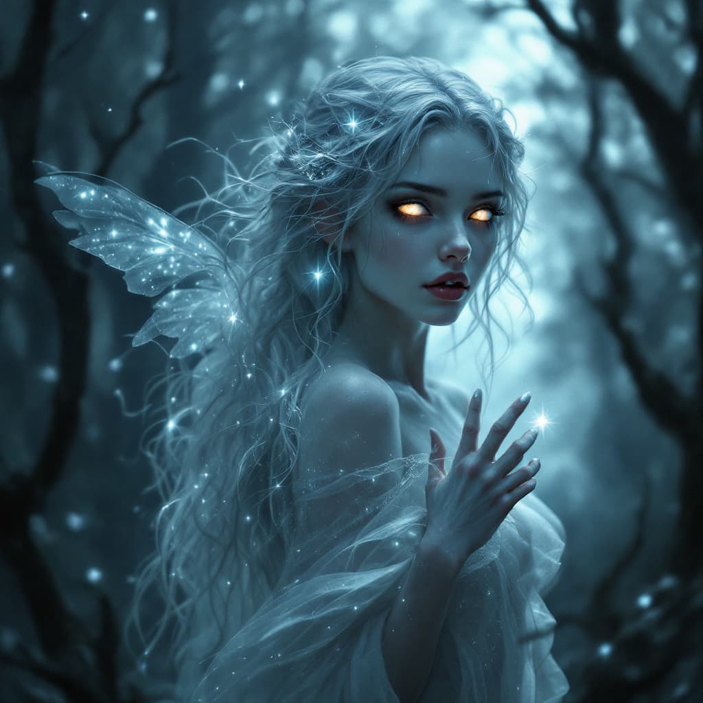 AI generated: In a misty, moonlit forest, a Beautiful elysian nymph emerges from the shadows, her ethereal beauty ...