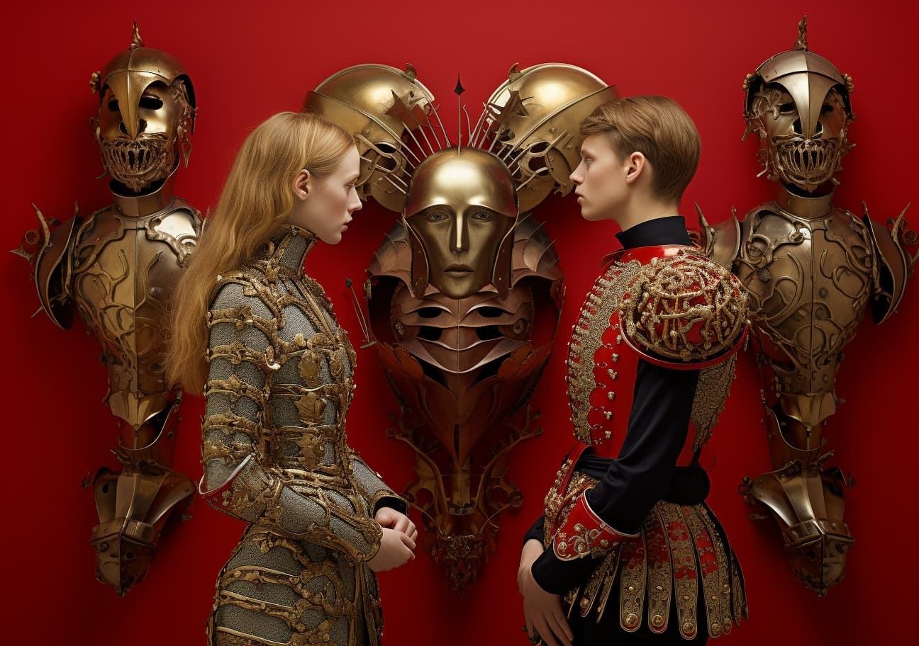 AI generated: a couple dressed in armor, facing each other on a wall, walter crane, meticulous photorealistic stil...