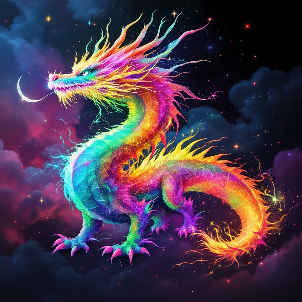 AI generated: An hyperealistic abundance dragon, with a mix of neon colors