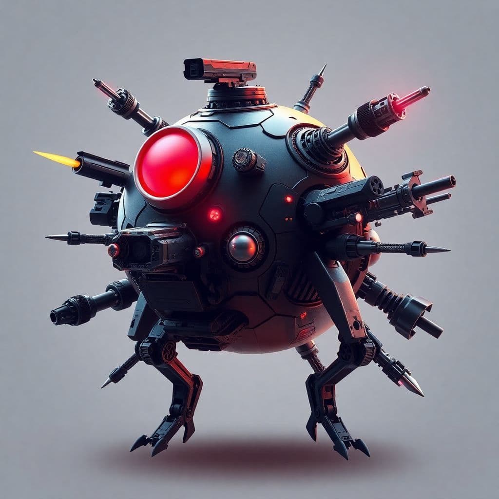 AI generated: generate a concept image for a spherical robot like species that can attach and detatch tools and we...