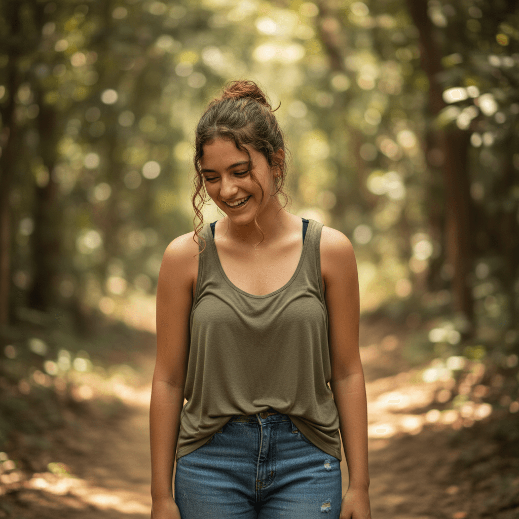 AI generated: A 17 year old Indian girl is posing in a natural trail in a jungle , she is wearing a loose green ta...