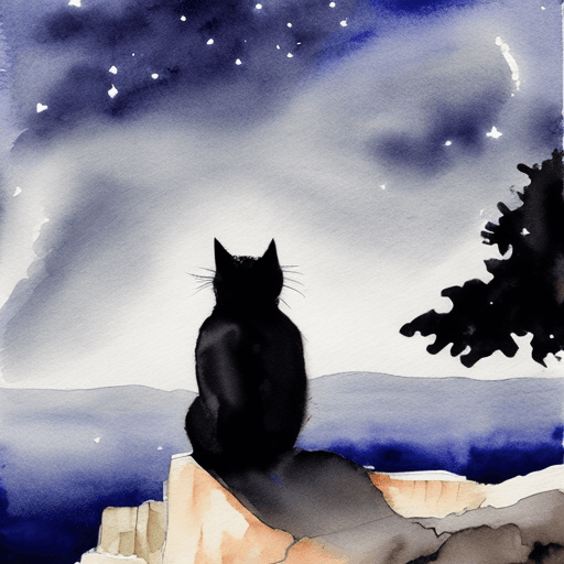 AI generated: white and black cat, watercolor, mysterious, starlight, standing on a cliff