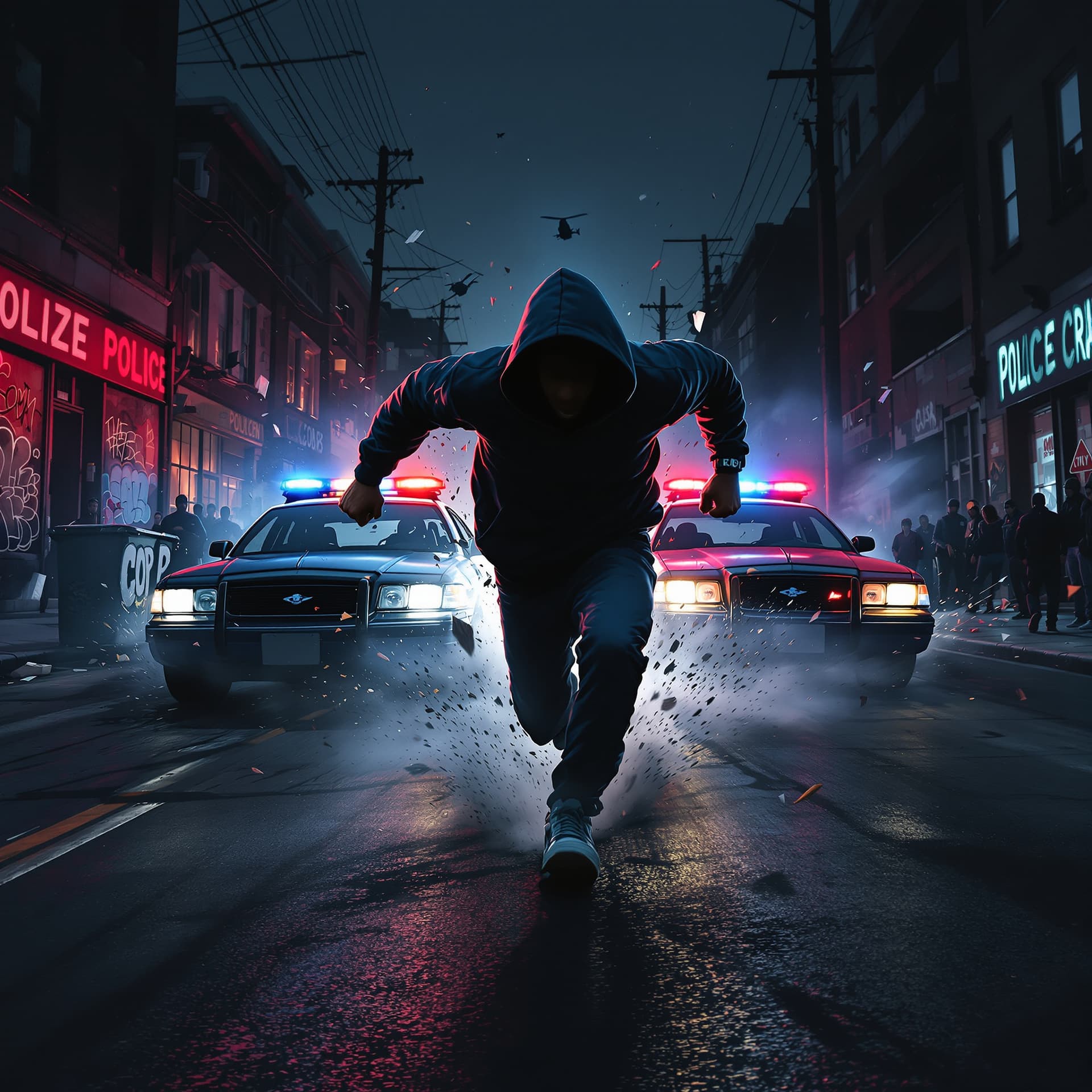 AI generated: FRONT view of a young black men in hoodie and urban wear running AT FULL SPEED and stride, one fist ...