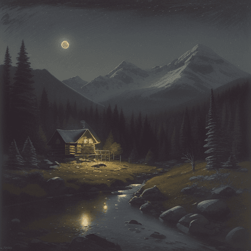AI generated: A mountain landscape with a cabin in the background, a stream flowing through, depicted in a moonlit...