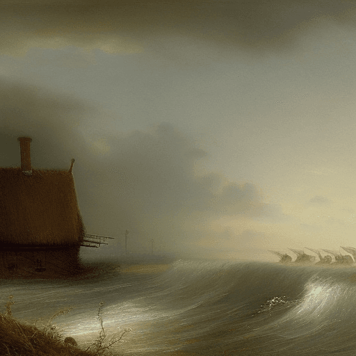 AI generated: a ghostly old man on , patrolling atop a dyke in thick fog on the frisian coast. storm, fog, full bo...