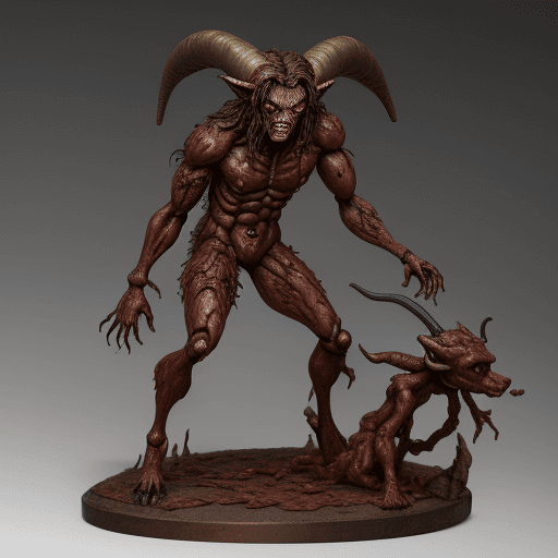 AI generated: rusty iron bloodyfull body figurine of ferocious distorted SATYR  out of Jed-Rst, Rusty, masterpiece...