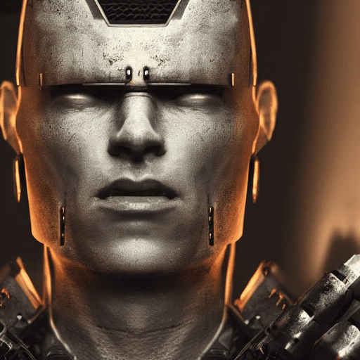 AI generated: face, half-mechanical, cyborg male warrior, looking at camera, dark lighting, sci-fi, hollywood styl...