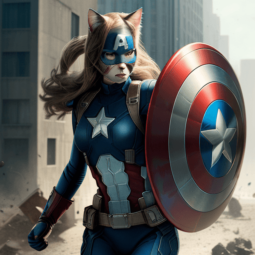 AI generated: cat head anthropomorphic humanoid body, movie poster, Captain America character with shield, high de...
