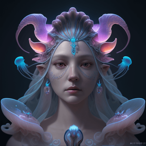 AI generated: Goddess close-up portrait ribcagel. jellyfish phoenix head, nautilus, orchid, skull, betta fish, bio...
