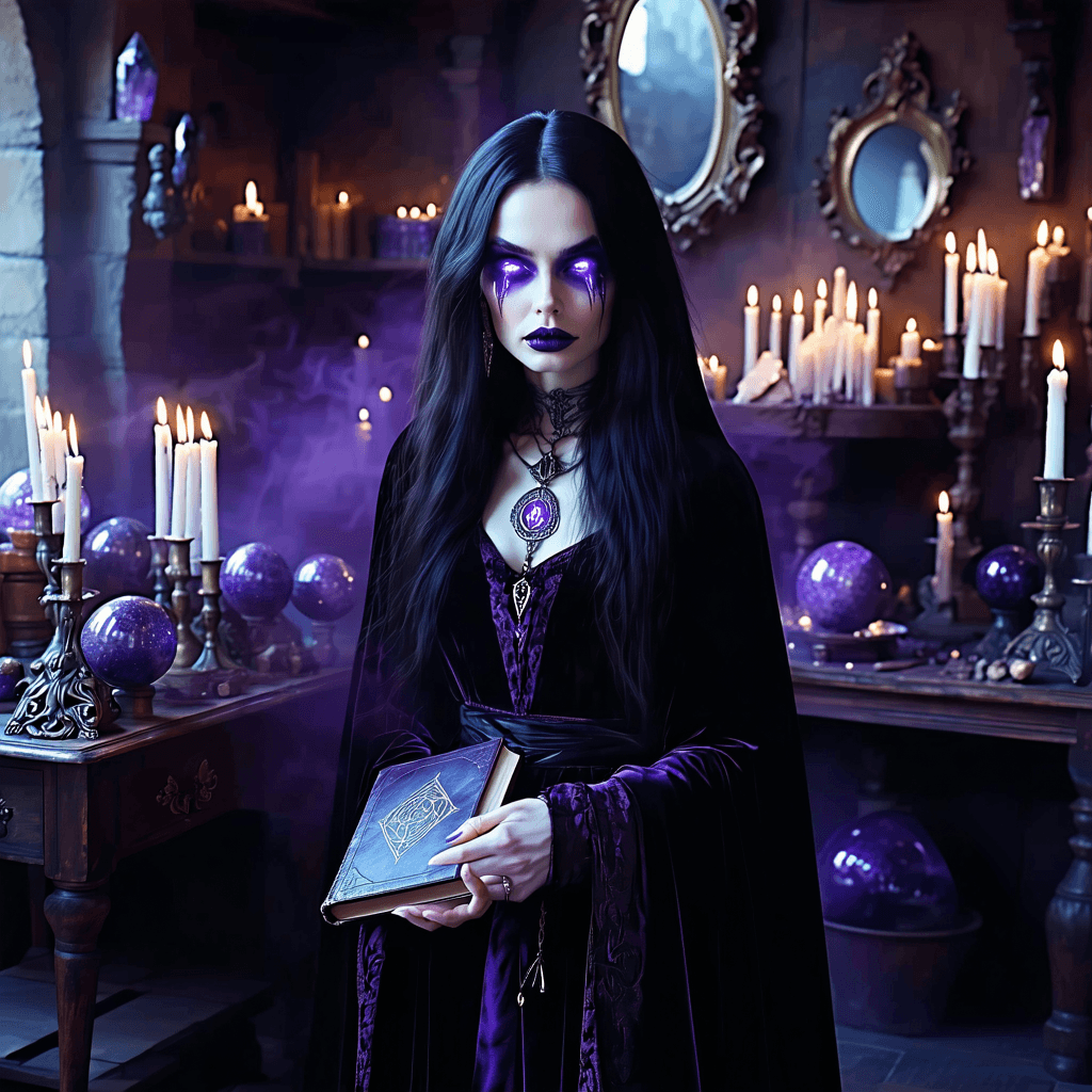 AI generated: A mysterious, gothic woman with long black hair, pale skin, and glowing violet eyes. She wears a flo...