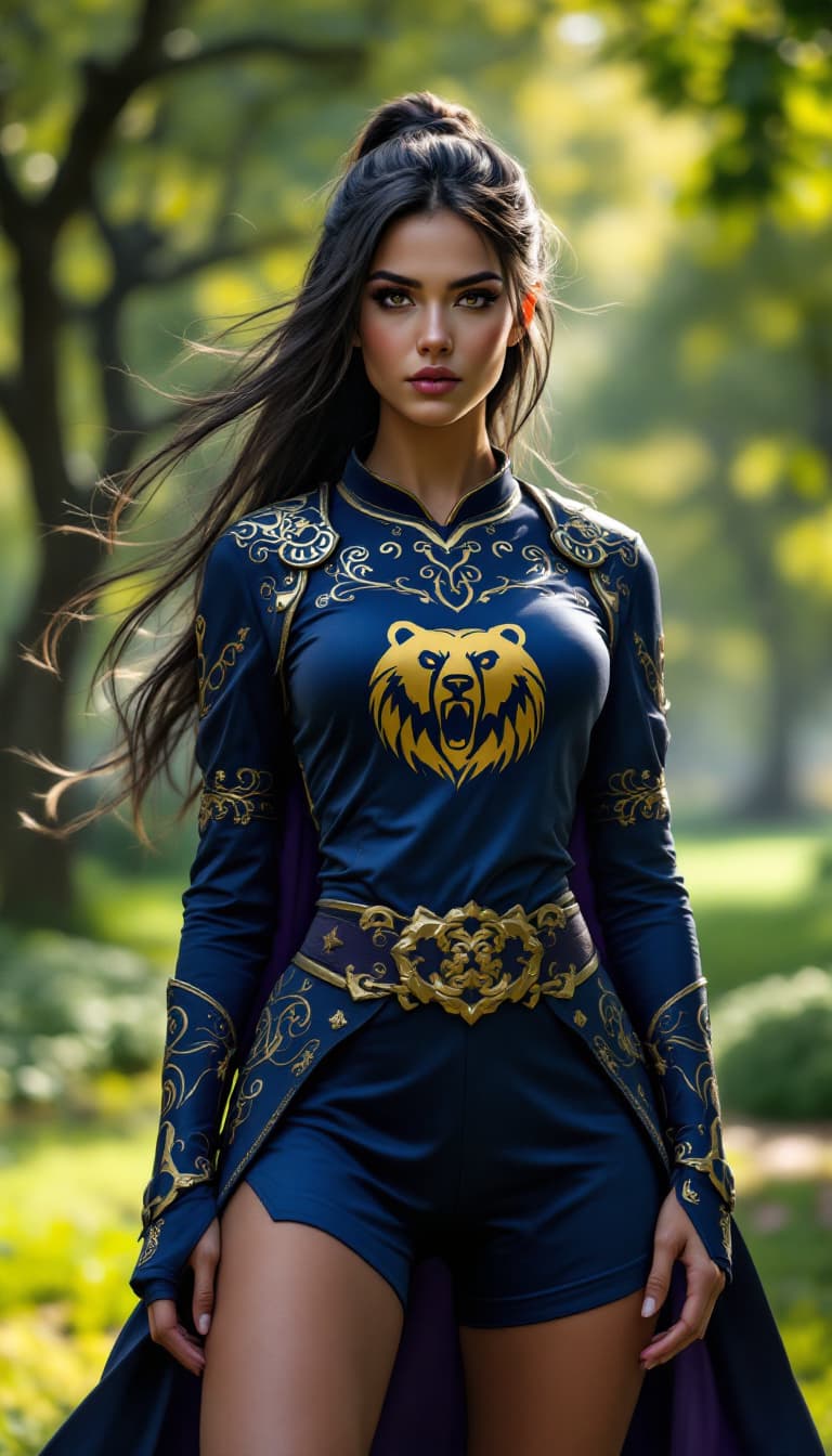 AI generated: Regal warrior woman, inspired by the mythical Bear Knight, stands proudly in the heart of a park, ex...