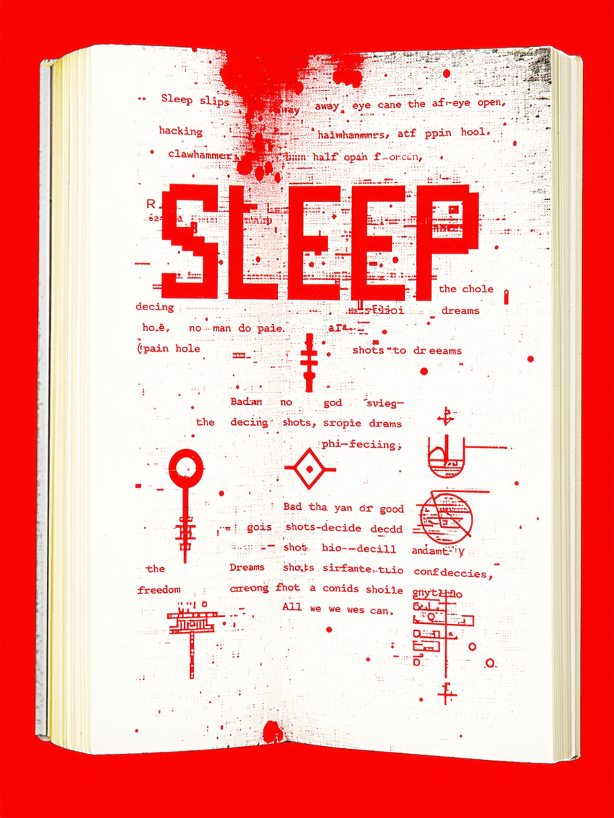 AI generated: A book cover with the text 'SLEEP'. Sleep slips away one eye half open, seeing clawhammers hacking a...