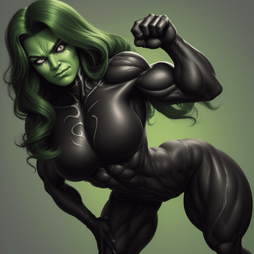 AI generated: 1 bodybuilder woman wearing symbiote, She-Hulk, young beautiful face, soft face, full body visible, ...
