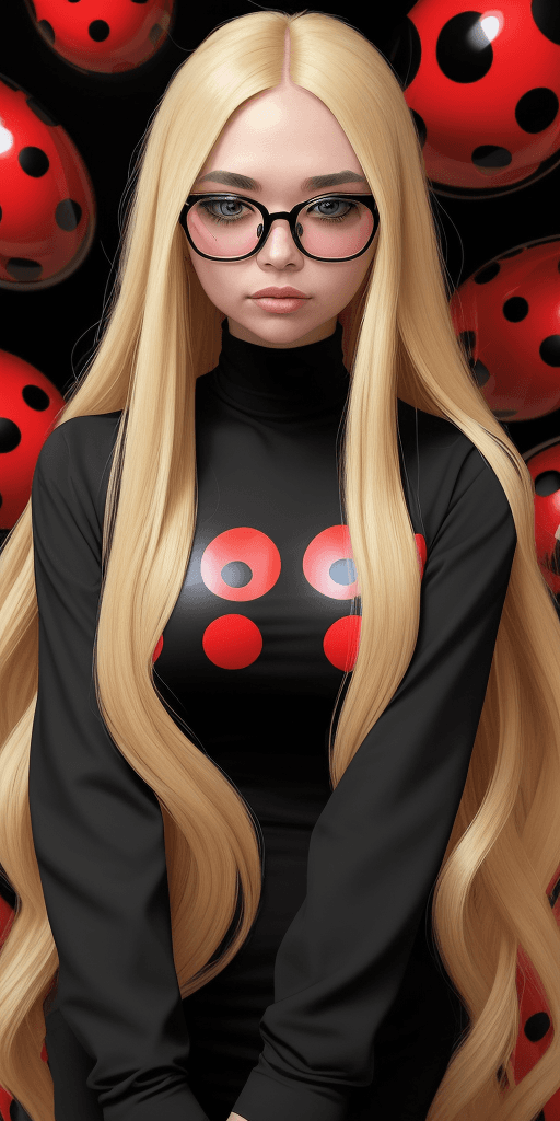 AI generated: image of a beautiful woman with blond long hair and black glasses, wearing a red shirt, in a modern ...