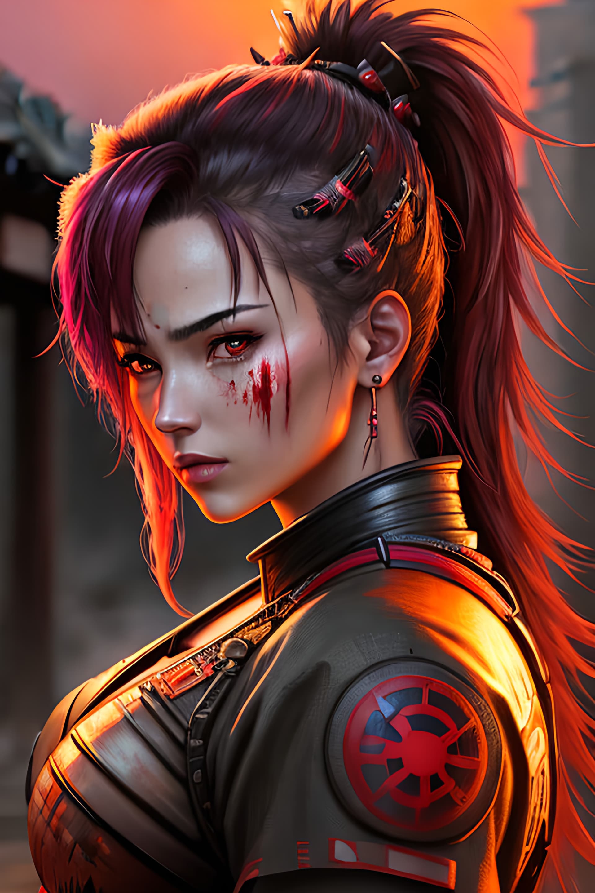 AI generated: A highly detailed portrait of a female samurai ronin cyberpunk against a red sunset background, acti...