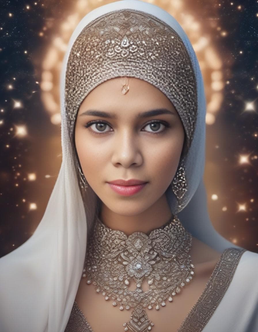 AI generated: Muslim hijabi women covered in diamonds, hyper realistic, floating in the universe --ar 9:16
