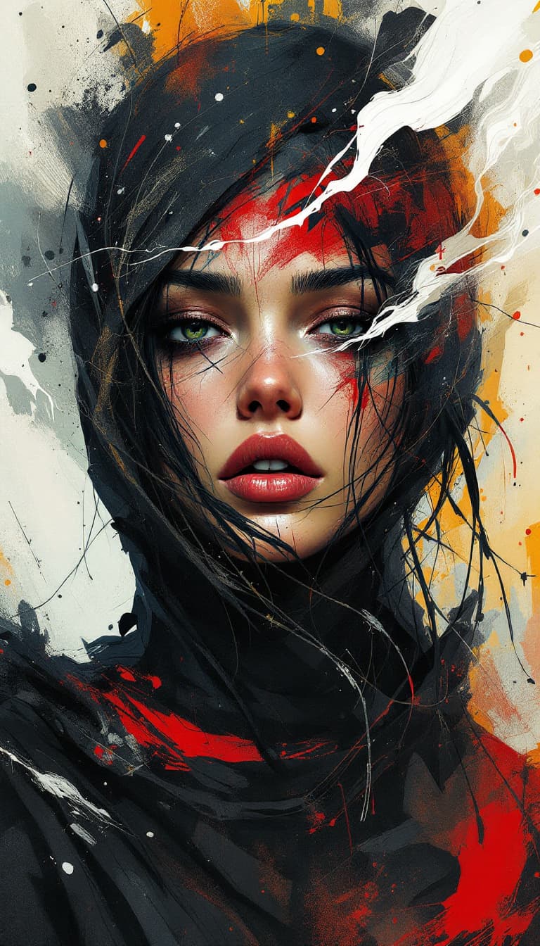 AI generated: An Expressionist-style digital illustration of a Rule 63, full-body female warrior, with estheticall...
