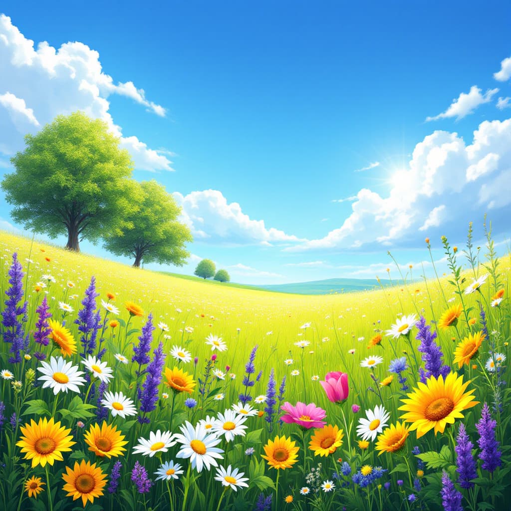 AI generated: Create a vibrant and serene image of a sunny day in a lush green meadow. The sky is a brilliant blue...