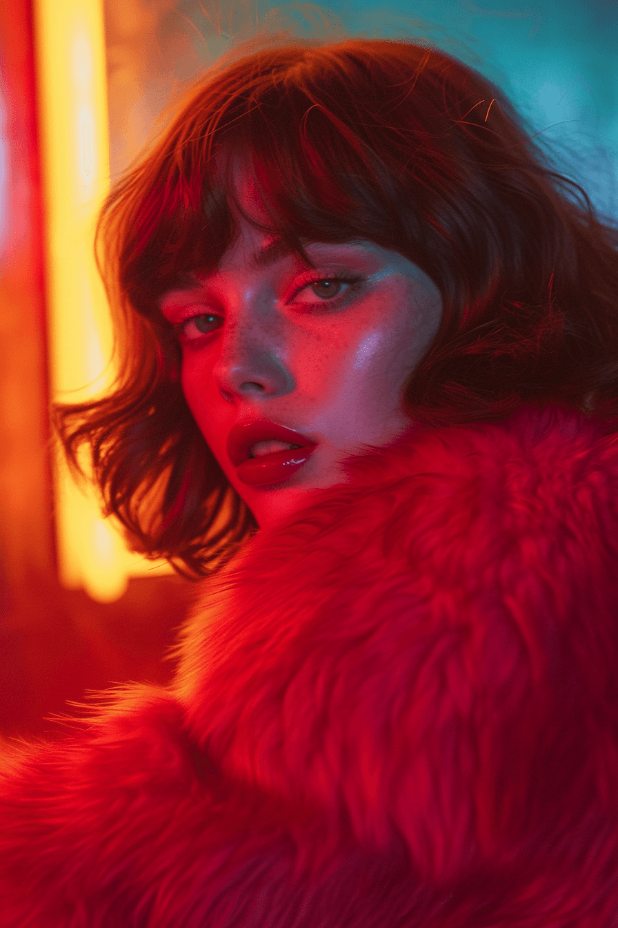 AI generated: rachel wyeth in her red fur coat, in the style of captivating lighting, glamorous hollywood portrait...