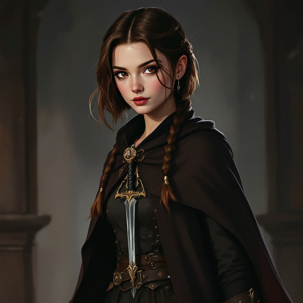 AI generated: tv show ARCANE art style, brown hair short braids, silco's daughter. Dark brown eyes, dagger in stom...