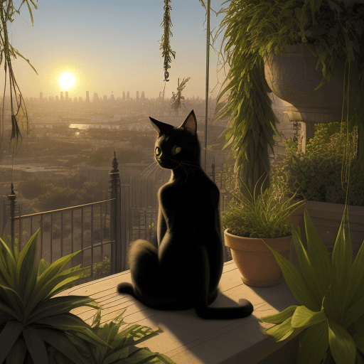 AI generated: A black cat watching the hanging gardens in babylon. No people. Lots of vegetation. The sun is going...